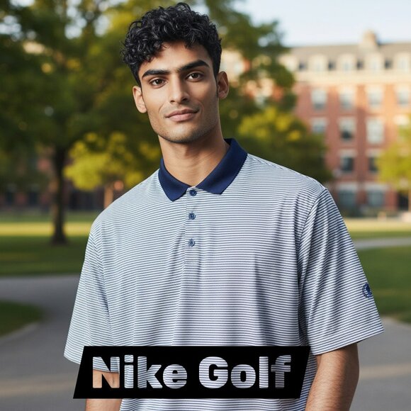 Nike Golf Mens Extra Large Blue White Stripe DriFit Horley Polo Shirt Embroidery - Picture 1 of 12